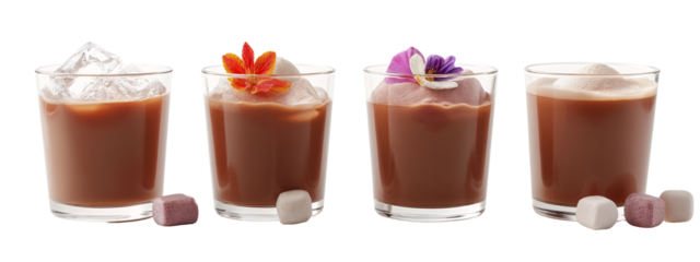 Three glasses  iced cfee with ice cubes and a flower on top.