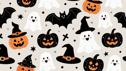 A spooky yet charming Halloween pattern featuring a seamless arrangement of black and white elements. Halloween, Halloween Costumes, Halloween Background, Happy Halloween