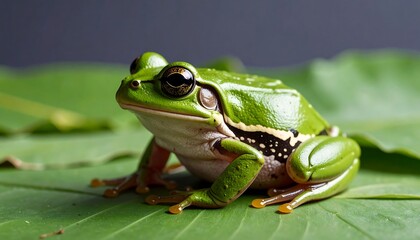 Naklejka premium Close-up of a vibrant green frog on a leaf (1)