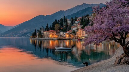 Fototapeta premium Picturesque harbor town at dawn with reflections on the calm water.