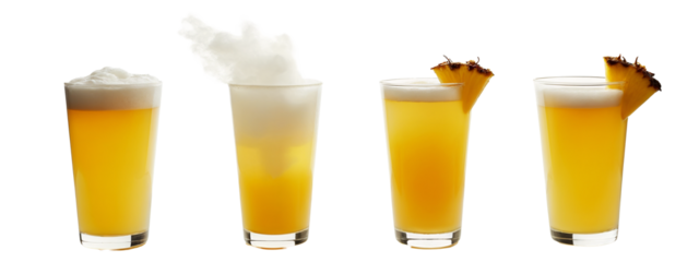 Three glasses  beer with a pineapple garnish on top  them.