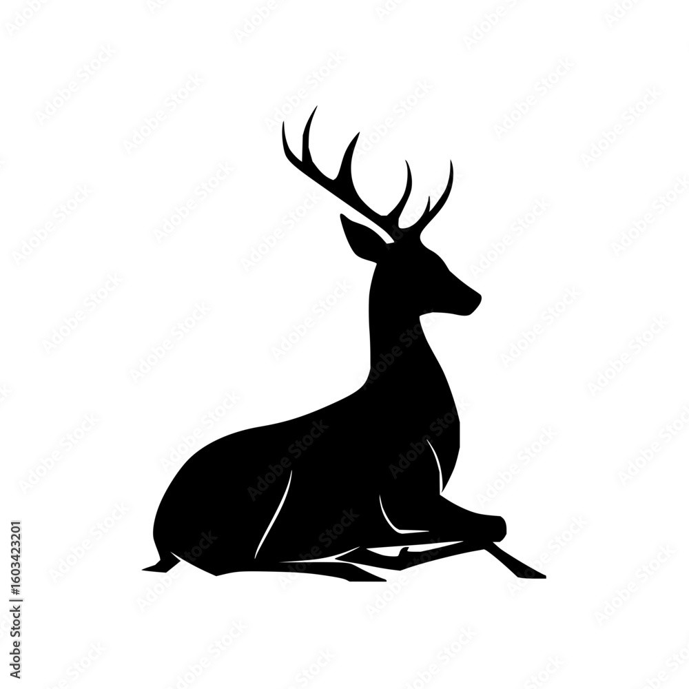 Poster silhouette of a deer resting with antlers visible against a white background in a simple illustratio