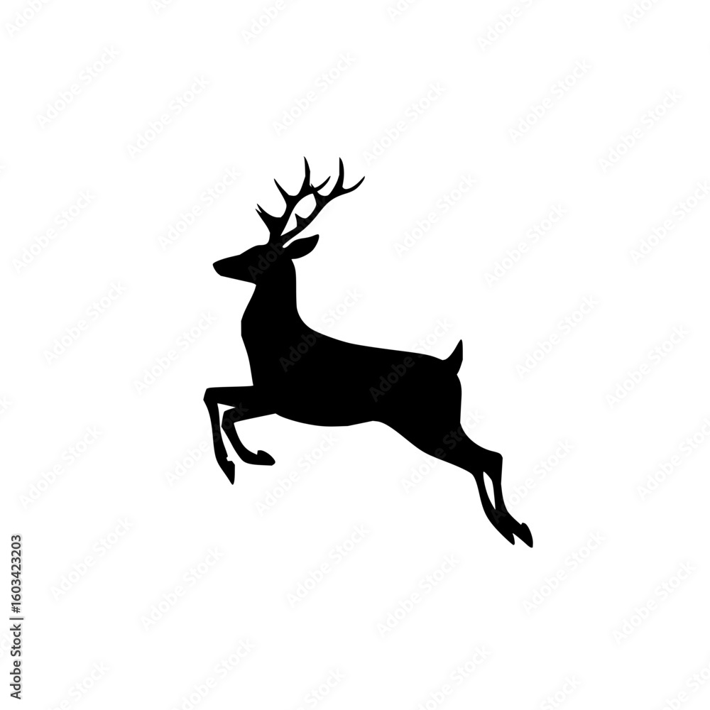Poster silhouette of a leaping deer with large antlers isolated on a white background in a simple vector st