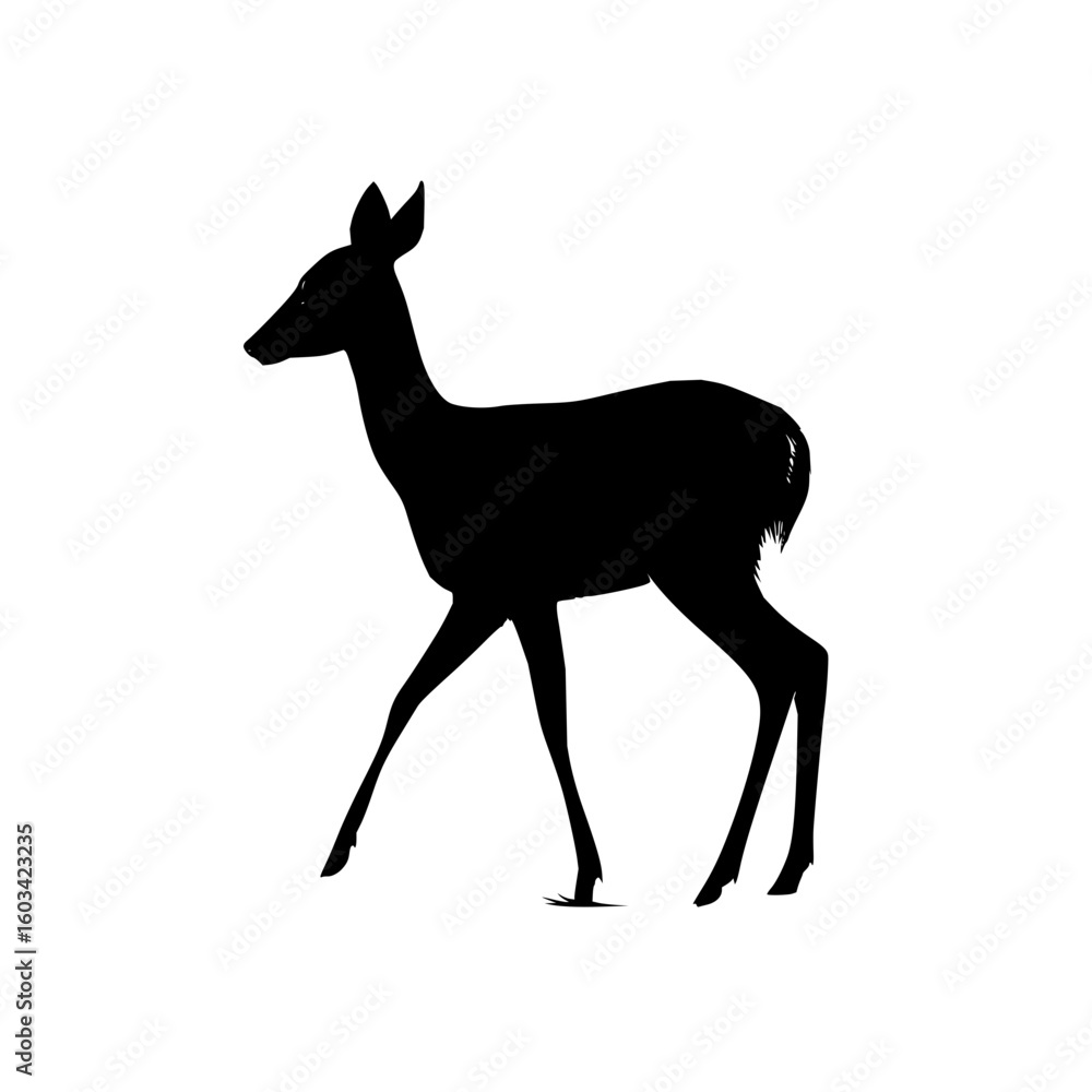 Poster silhouette of a deer standing on a white background with its head turned to the left side view image