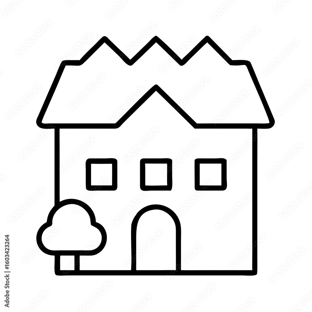 Poster house outline vector icon illustration with tree and windows simple home design drawing vector