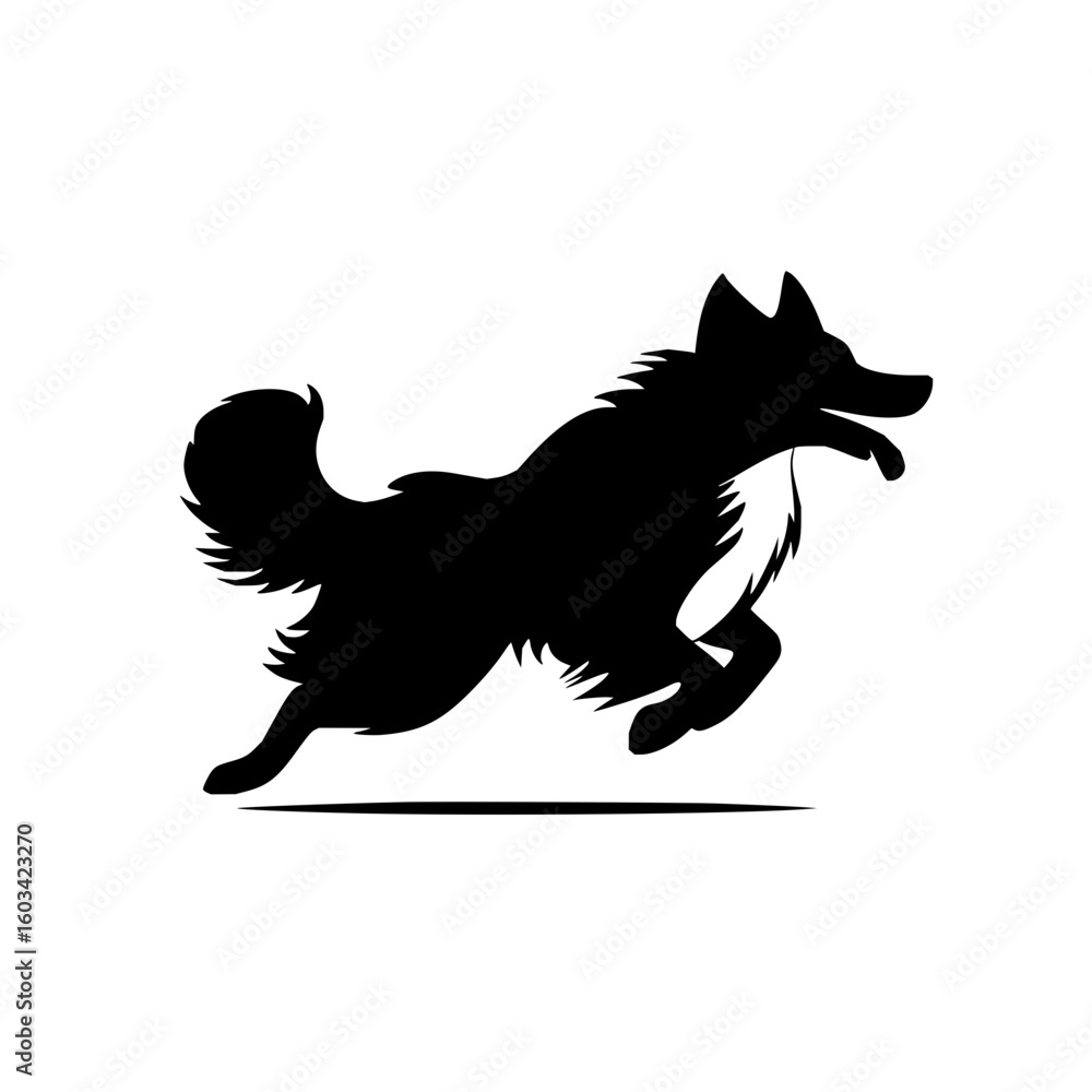 Poster silhouette of a running dog with a fluffy tail and open mouth in a dynamic pose on a white backgroun