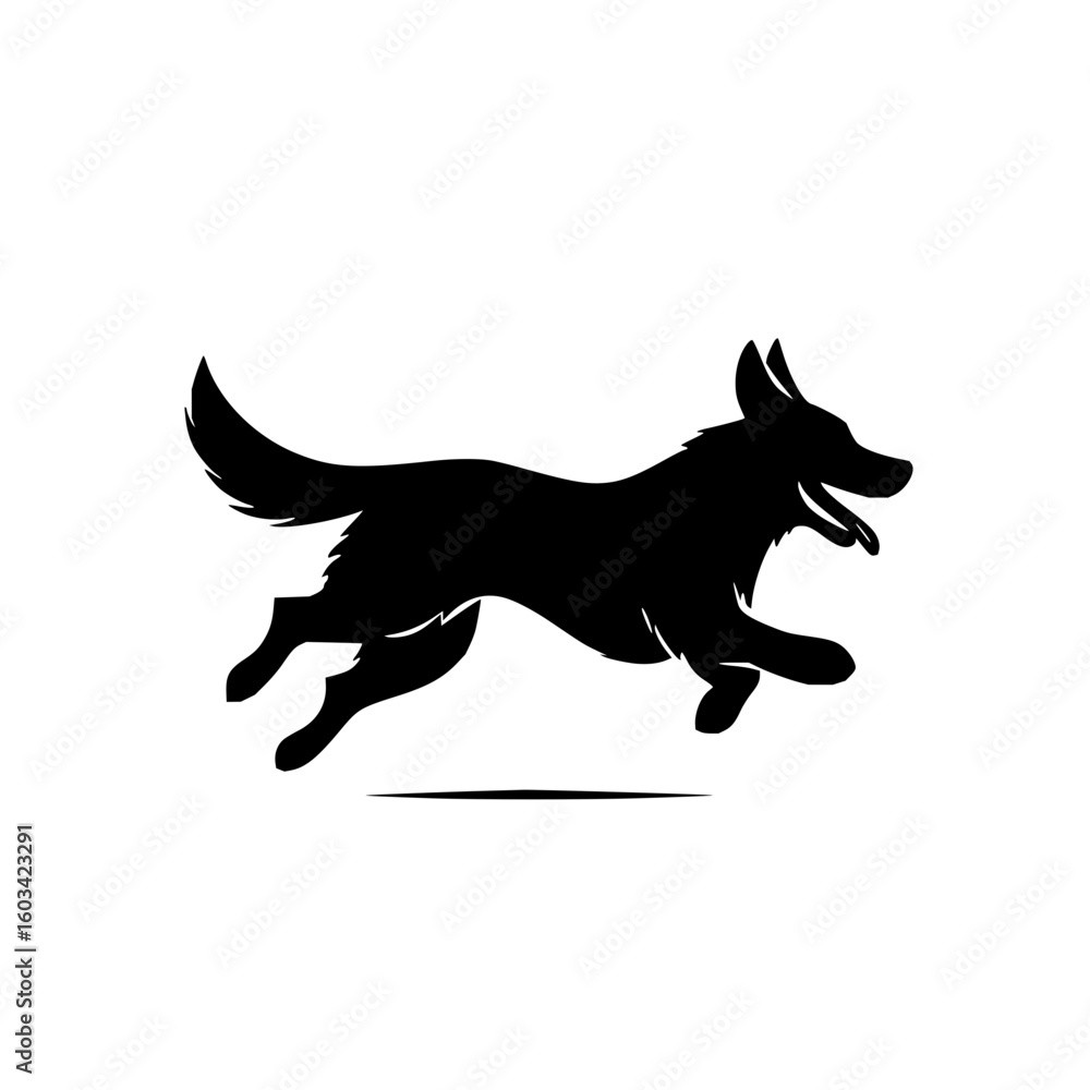 Poster silhouette of a dog running with its tongue out and tail up and a shadow beneath it on a white backg