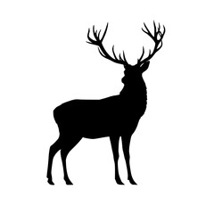 Silhouette of a majestic stag standing tall with large antlers against a solid white background image view
