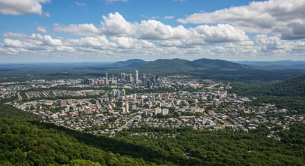 Obraz premium a view of a city surrounded by trees and mountains