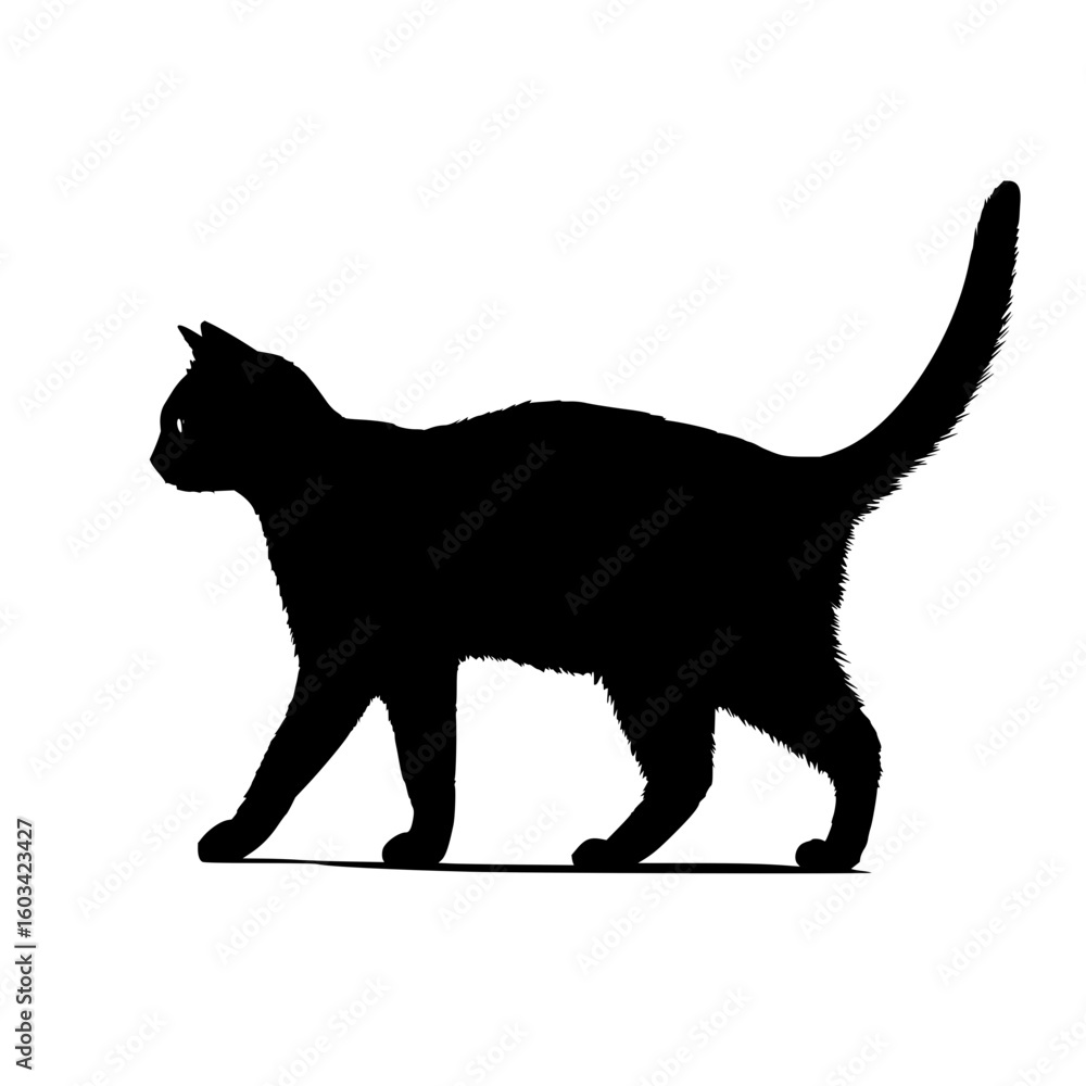 Poster silhouette of a cat walking with its tail up on a white background showing the animal in full profil