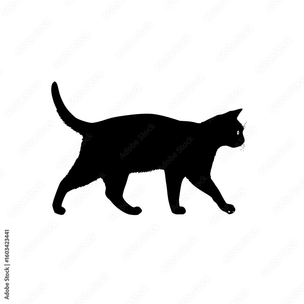 Poster silhouette of a black cat walking to the right with its tail up on a white background in a simple st