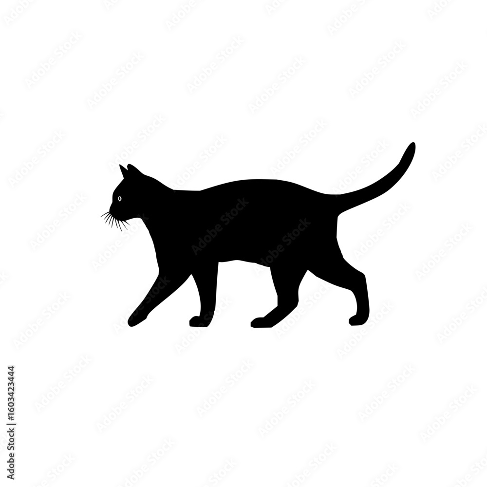 Poster silhouette of a black cat walking with its tail up on a white background with a smooth and sleek des