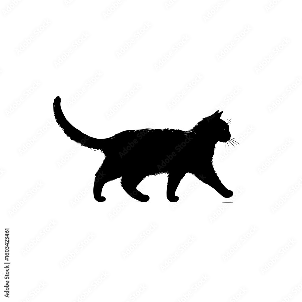 Poster silhouette of a cat walking with its tail up and whiskers visible against a white background image d