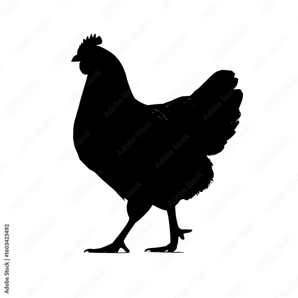 Poster silhouette of a chicken standing with its head up and feathers visible in a side profile on a white 