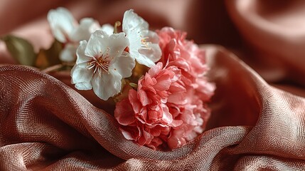 Delicate pink and white blossoms on a blush-toned fabric.
