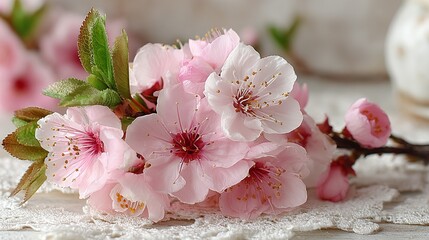 Delicate pink blossoms on a lace doily.
