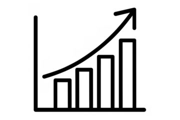 Simple black bar graph with upward trending line, representing increasing profits over time, isolated on a transparent background