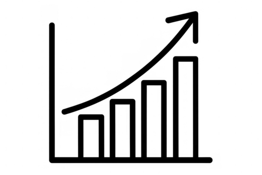 Simple black bar graph with upward trending line, representing increasing profits over time, isolated on a transparent background