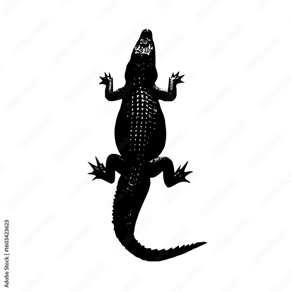 Aufkleber overhead view of a black alligator with detailed scales and sharp claws lying on a white background 