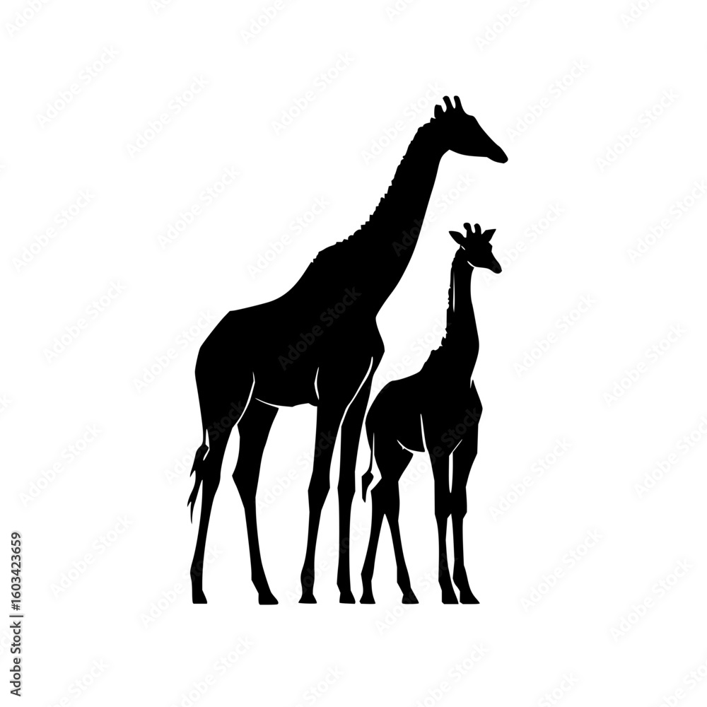 Poster silhouette depiction showing a large giraffe standing next to a smaller giraffe on a white backgroun