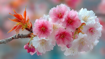 Delicate pink and white cherry blossoms on a branch.