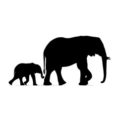 Fototapeta premium Silhouette depiction of an adult elephant walking alongside a baby elephant on a white background scene