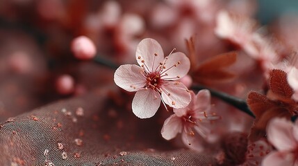 Close-up of delicate spring blossoms against a textured fabric.