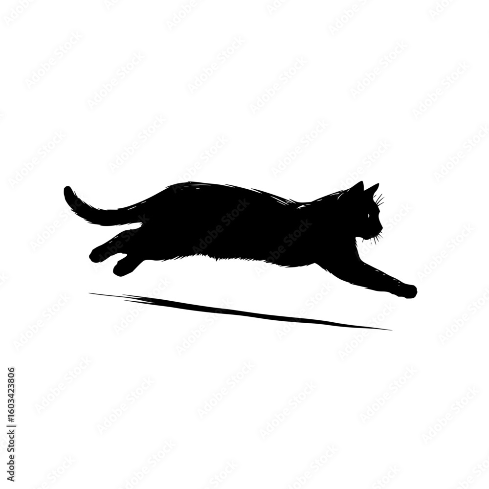 Poster a silhouette of a cat leaping forward with its tail raised and a line underneath it on a white backg