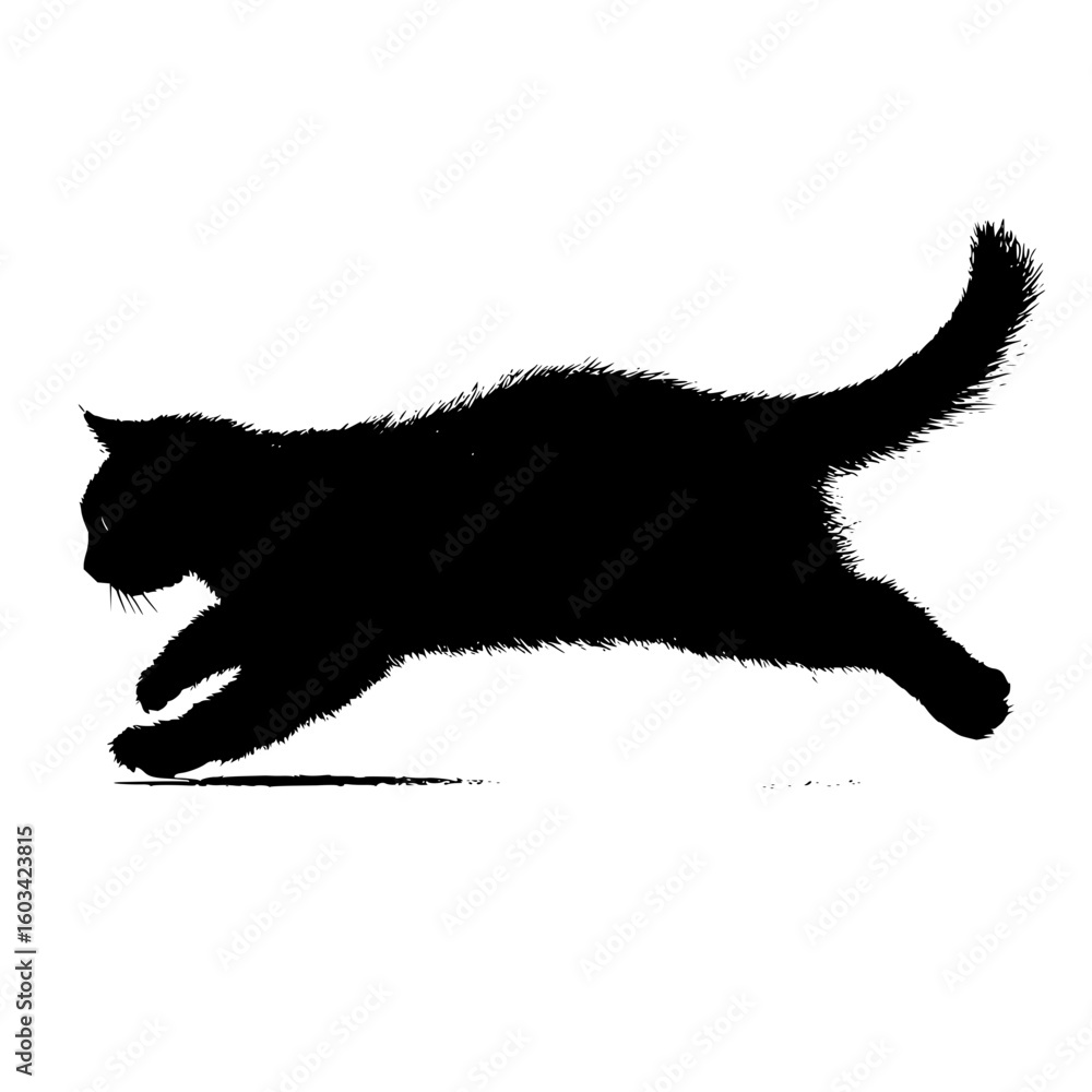 Poster silhouette depiction of a cat in mid stride with a curled tail on a white background in a vector ima