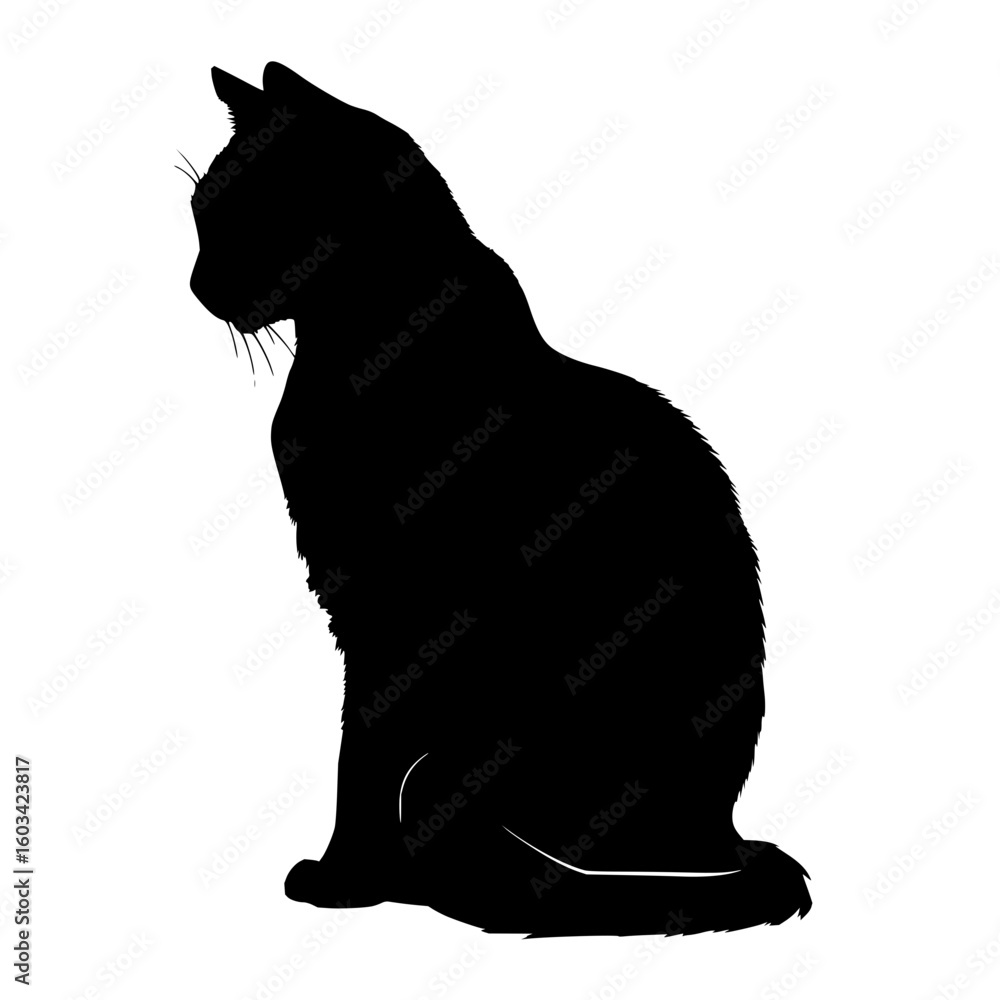 Poster silhouette of a seated cat with whiskers and a tail, facing left against a white background image vi