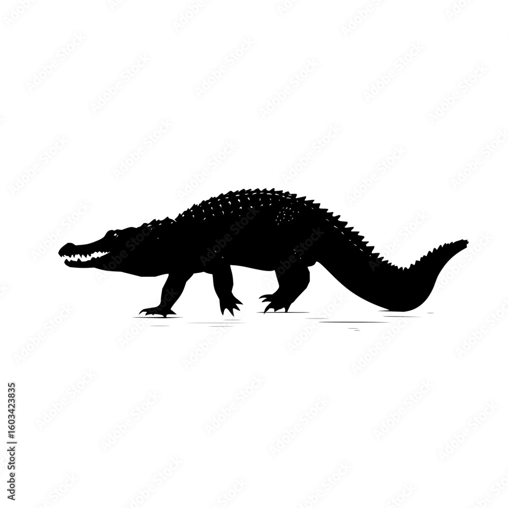 Poster silhouette of a large alligator walking with its tail curved on a white background in a simple drawi