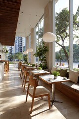 Fototapeta premium modern stylish cafe on street featuring decorative elements on walls bathed in sunlight