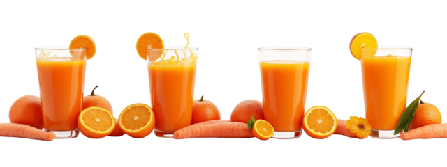 A   glasses filled with orange juice next to a bunch  carrots.