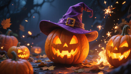 Naklejka premium A vibrant Halloween scene featuring a large, carved jack-o'-lantern with glowing orange eyes and an eerie grin. Halloween, Halloween Costumes, Halloween Background, Happy Halloween