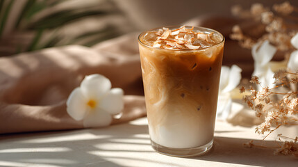 Iced coffee with coconut flakes surrounded by floral accents in a bright, inviting setting.