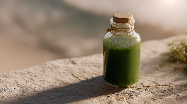 Earthy elixir: A glass bottle filled with a vibrant green liquid and a cork stopper on a rough stone surface.