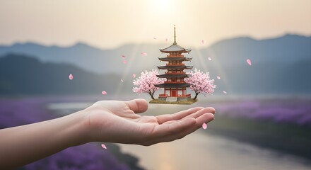 Miniature Pagoda in Palm with Cherry Blossoms