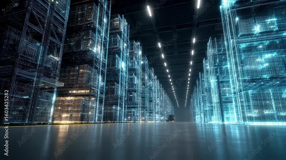 Poster automated guided vehicle navigating a futuristic warehouse, enhancing efficiency and productivity th