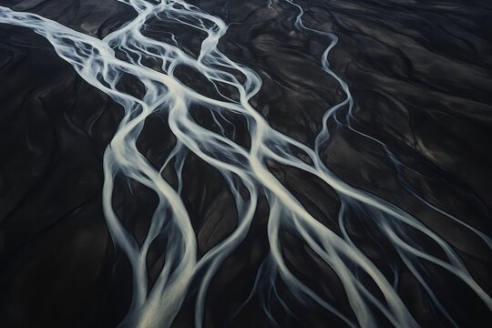 Dramatic overhead perspective of braided river system flowing through volcanic terrain in Nordic wilderness