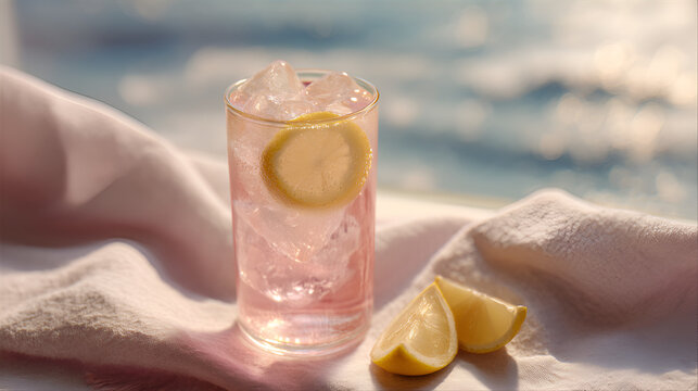 Refreshing pink lemonade drink with lemon and ice, with an ocean view in the background on soft fabric. - Powered by Adobe