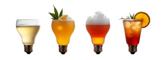 Three different types  drinks are lined up in a row.