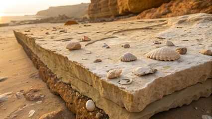 Sandstone slab containing scattered fossil teeth and small shell fragments, eroded edges