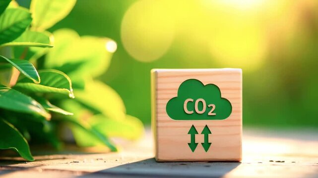 Wooden block with CO2 symbol surrounded by greenery, symbolizing environmental awareness and sustainability