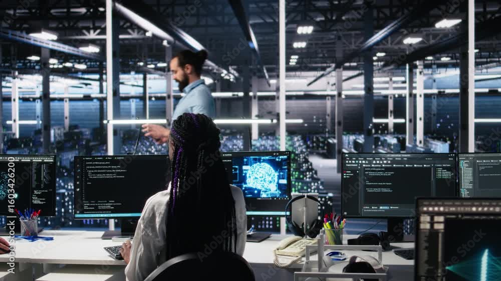 Poster data center manager checking work done by admins using deep learning to analyze datasets. server hub