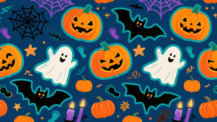 A vibrant and spooky Halloween-themed illustration featuring a seamless pattern of hand-drawn elements on a deep, dark navy blue background. Halloween, Halloween Costumes, Halloween Background