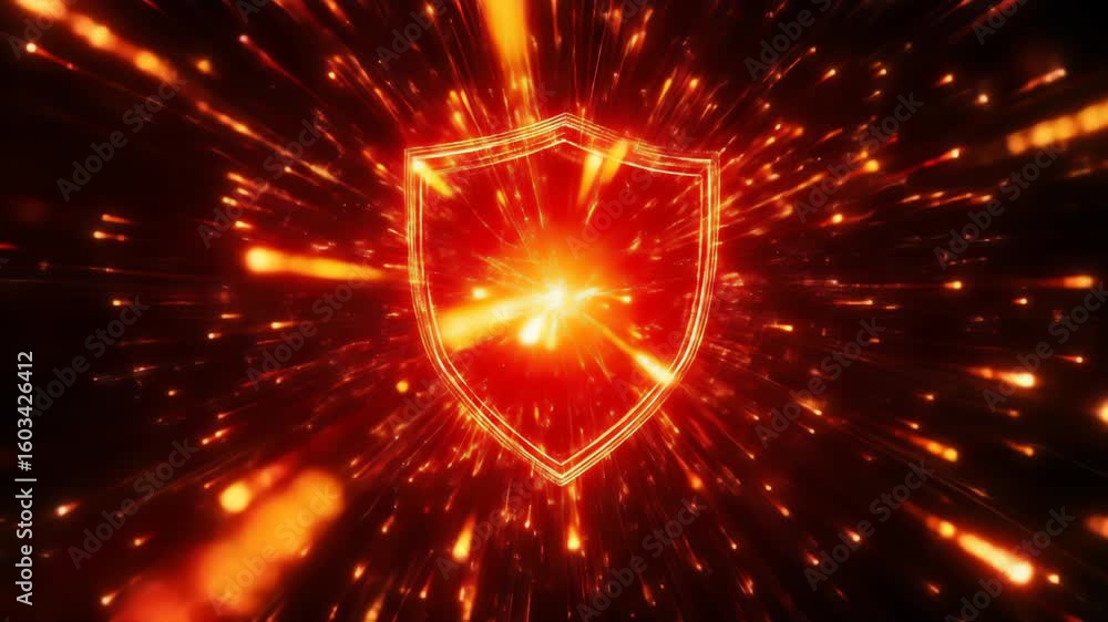Poster abstract animation of a glowing red shield emitting energy with particle effects in a dark backgroun