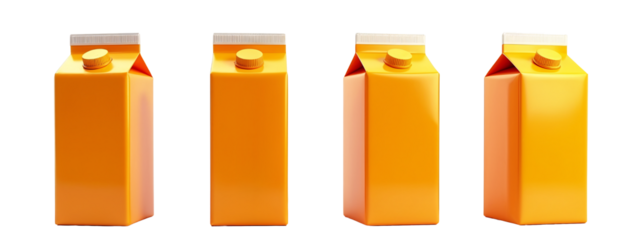 A row  four orange juice cartons with a white lid.