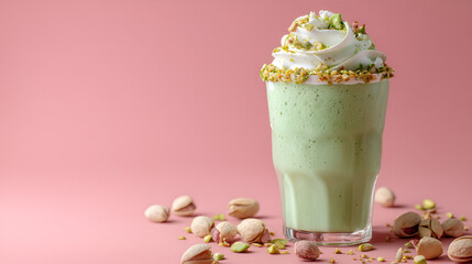 Pistachio Delight: A creamy green smoothie topped with whipped cream and nuts on a pink background.