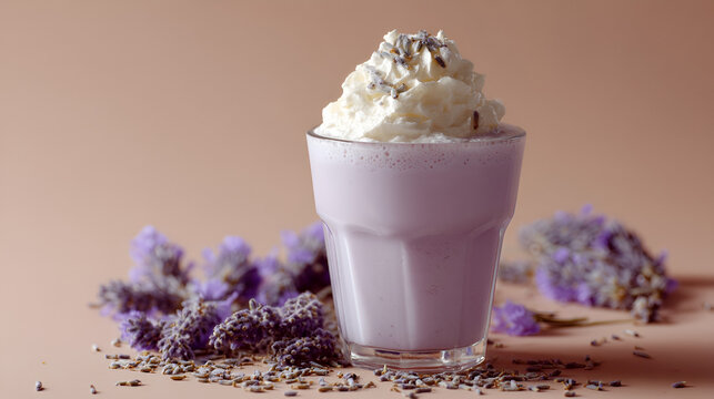 Lavender Delight: A pastel purple drink crowned with whipped cream and lavender buds on a muted backdrop.