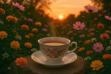 Herbal chamomile tea steaming gently in delicate porcelain cup surrounded by evening garden blossoms